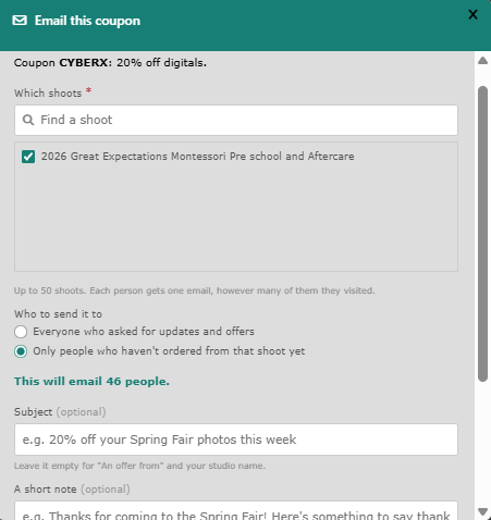 The dialog for emailing a coupon, with the shoots to send to and who to send it to