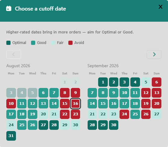 The cutoff date picker, showing two months of days colour-coded Optimal, Good, Fair or Avoid